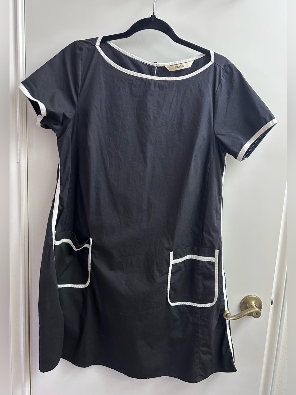 Zapelle Black Dress Women Large-12 Contrast White Trim Neck Sleeves Pockets